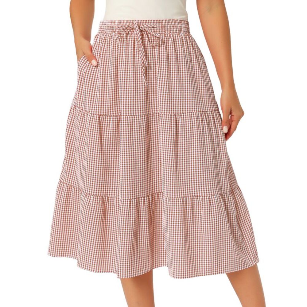 Women's Gingham Skirt Summer Casual Tiered Plaid A-Line Midi Skirts Dark Brown